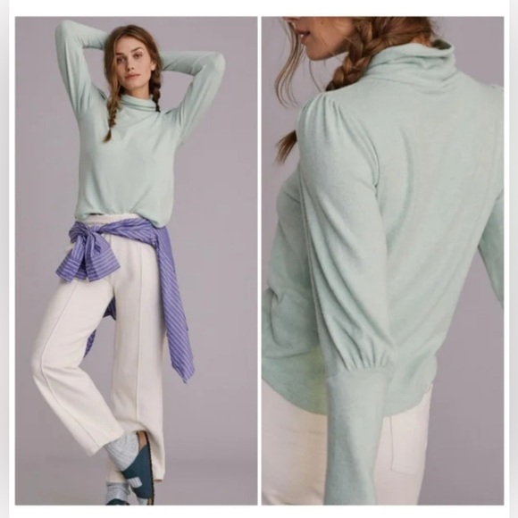 NWT Anthropologie Puff Sleeve Ballon Turtleneck Sweater Mint M - Picture 1 of 3
